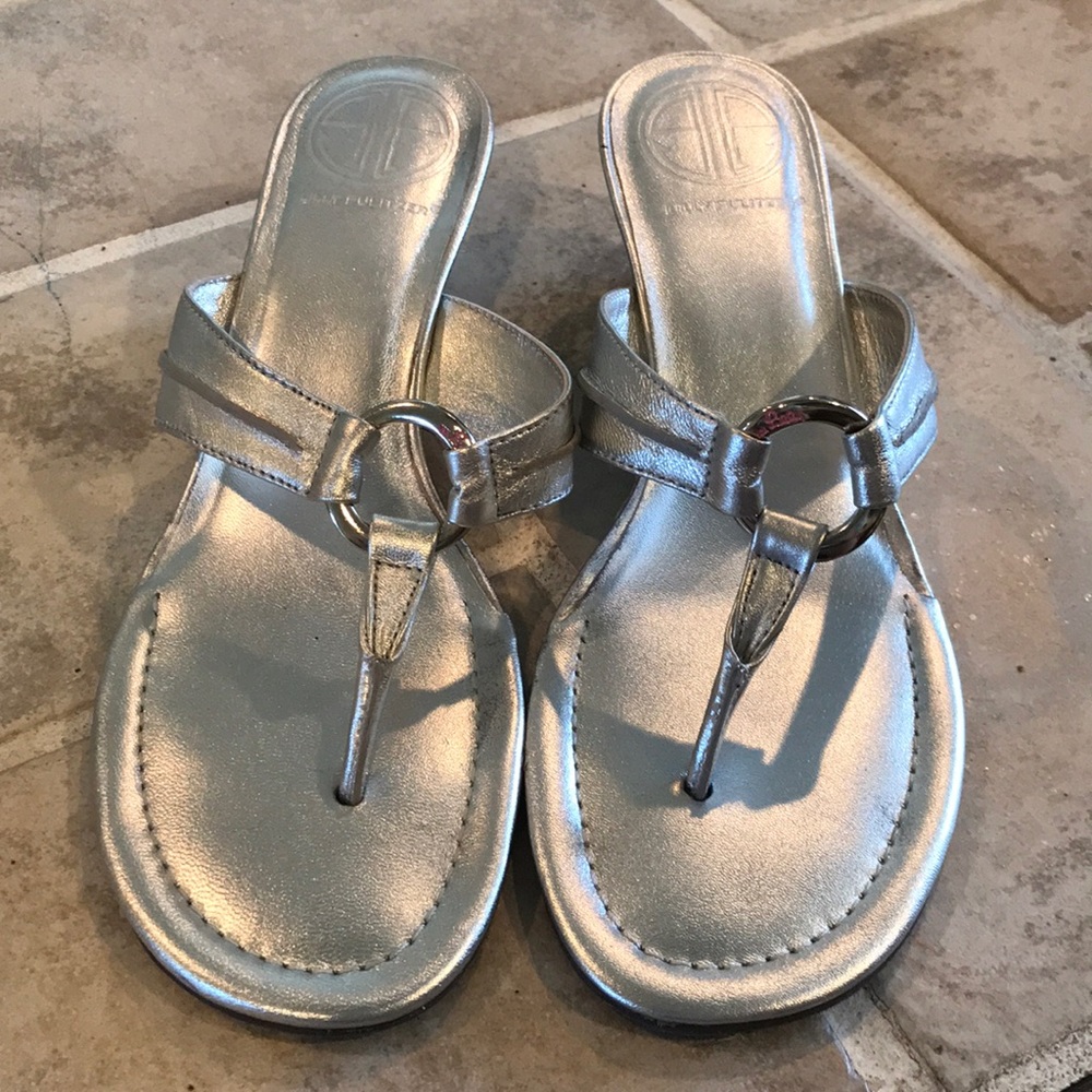 Lilly Pulitzer silver flip flop style wedges.